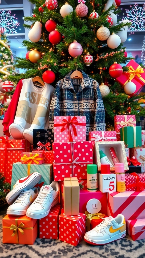A collection of Christmas gifts for black teenage girls, including clothing, sneakers, and beauty products under a Christmas tree.
